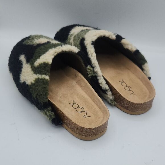 Sugar camouflage Faux Fur Fuzzy Fluffy Close Toe Cork Platform Slide Slipper - Picture 3 of 8